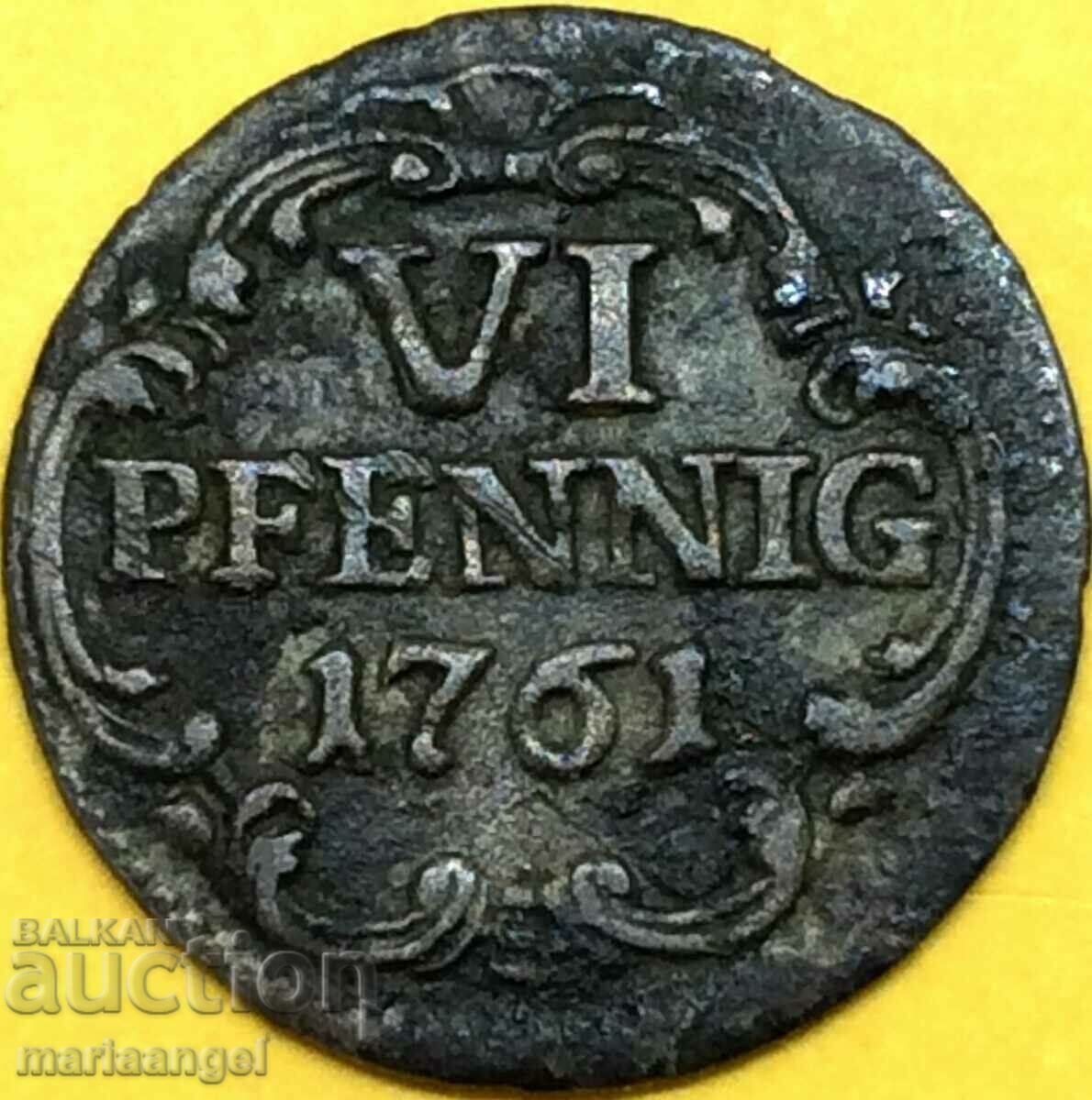 Σαξονία VI Pfennig 1761 Γερμανικά κράτη Friedrich August II