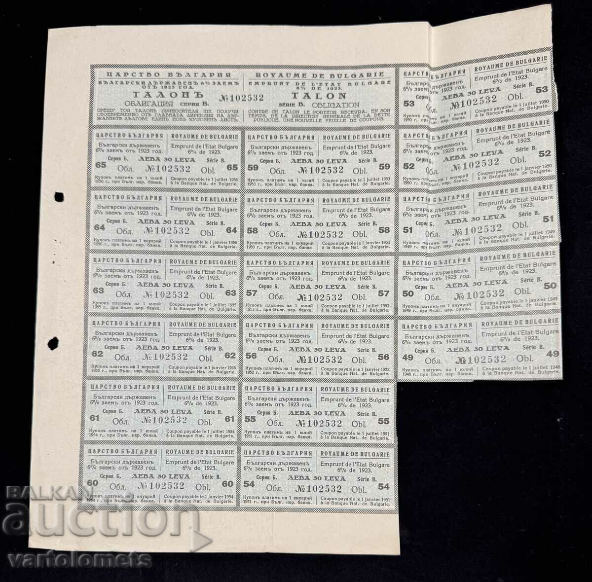 Licitație Obligațiune 1000 BGN 1928 + cupoane - Regatul Bulgariei