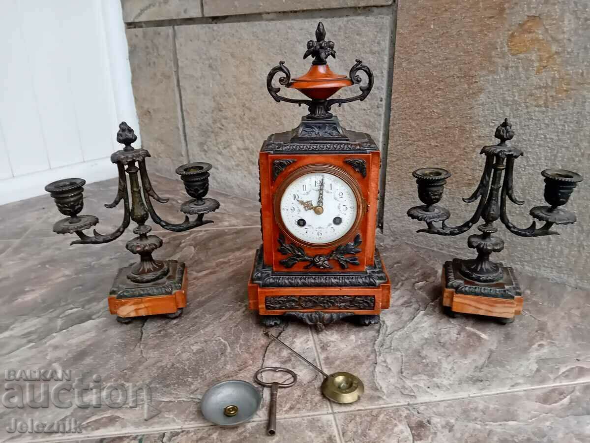 Mantel Clock/Candlesticks Marble/Bronze-France, 19th century.