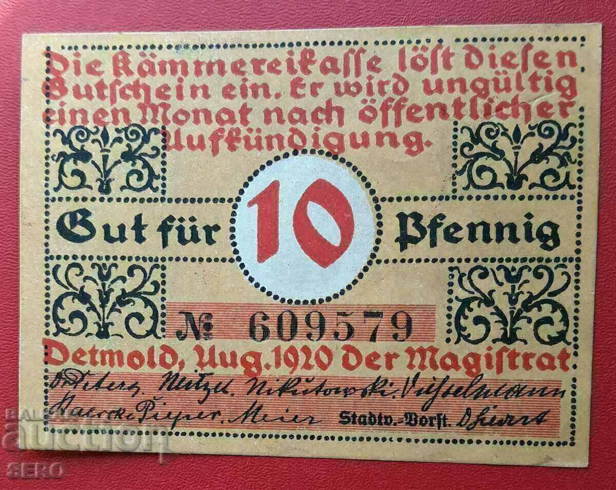 Bancnota-Germania-S.Rhine-Westfalia-Detmold-10 pfennig 1920