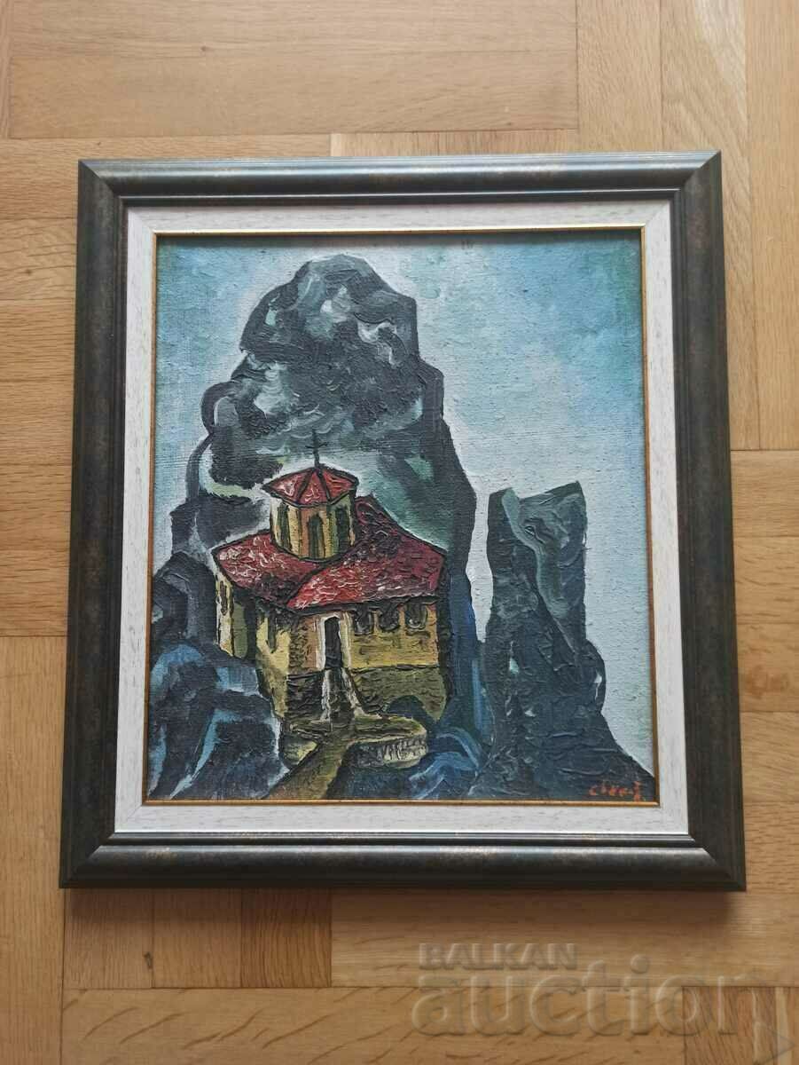 Very old author's painting, monastery, oil on canvas.