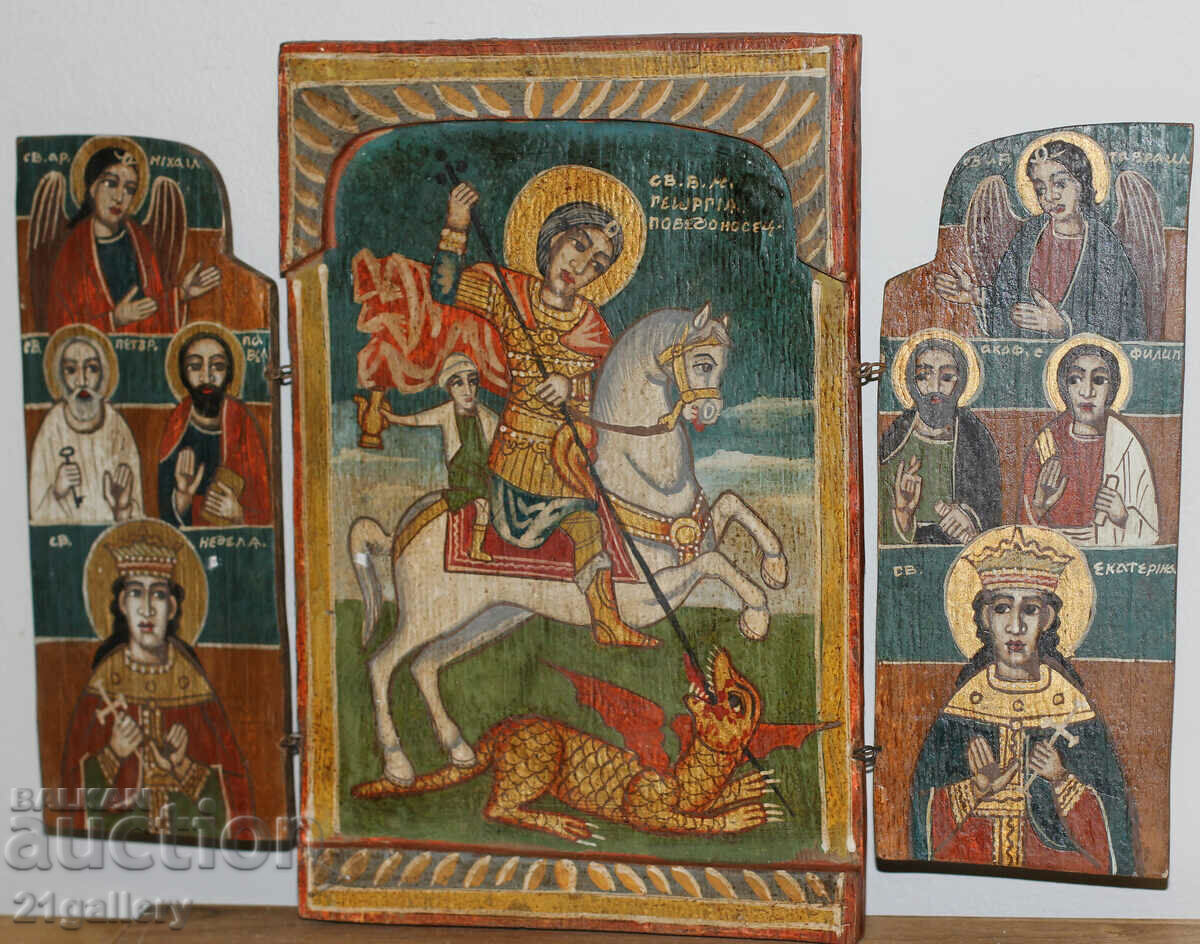 Hand painted icon triptych Saint George the Victorious