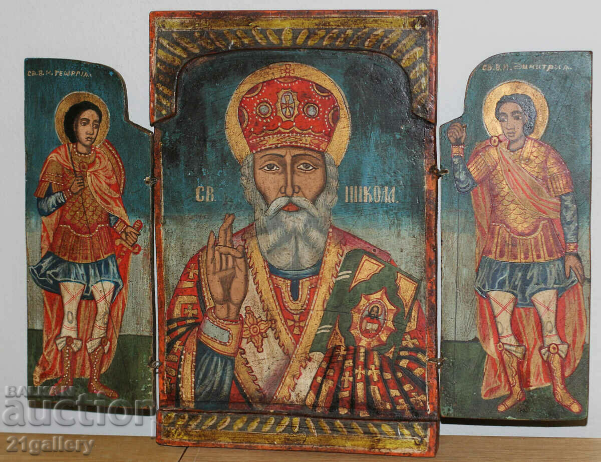 Hand painted icon triptych Saint Nicholas the Wonderworker