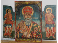 Hand painted icon triptych Saint Nicholas the Wonderworker