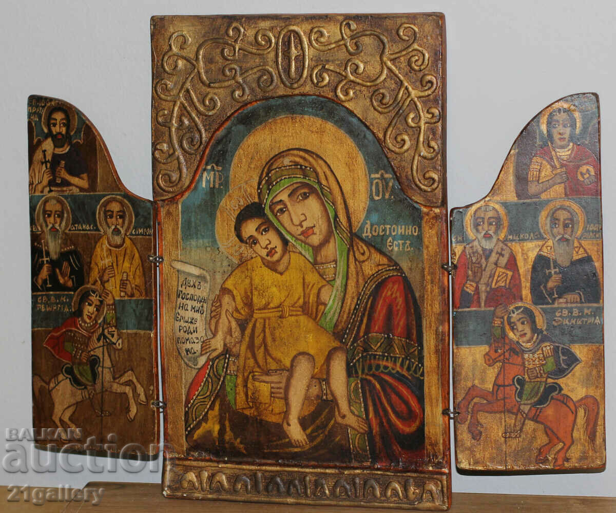 Hand-painted icon triptych Holy Virgin and Child