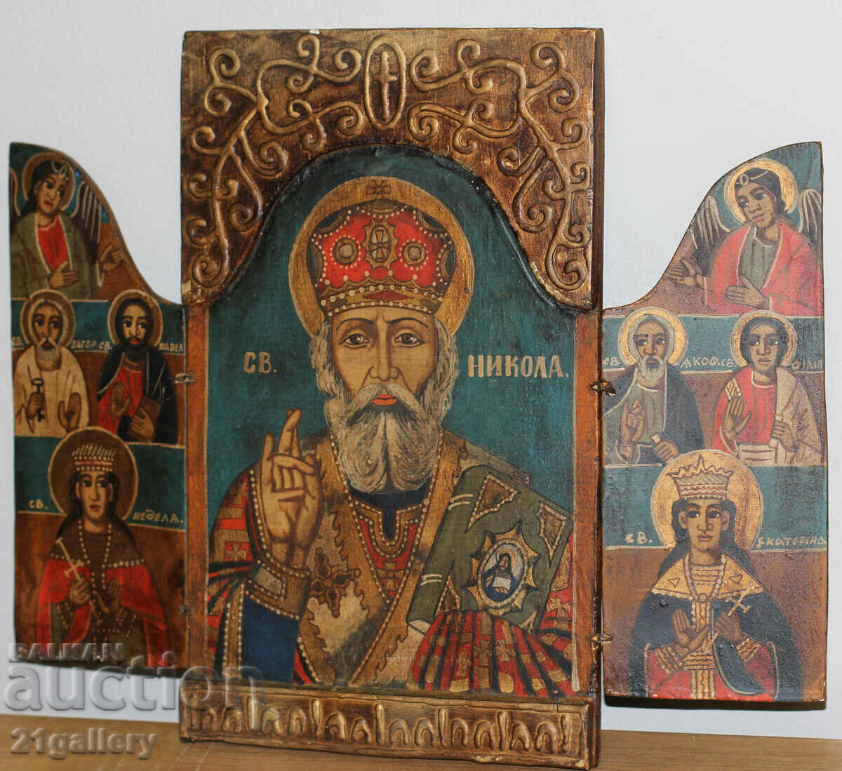 Hand painted icon triptych Saint Nicholas the Wonderworker