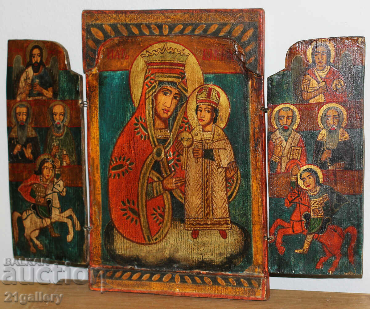 Hand-painted icon triptych Holy Virgin and Child