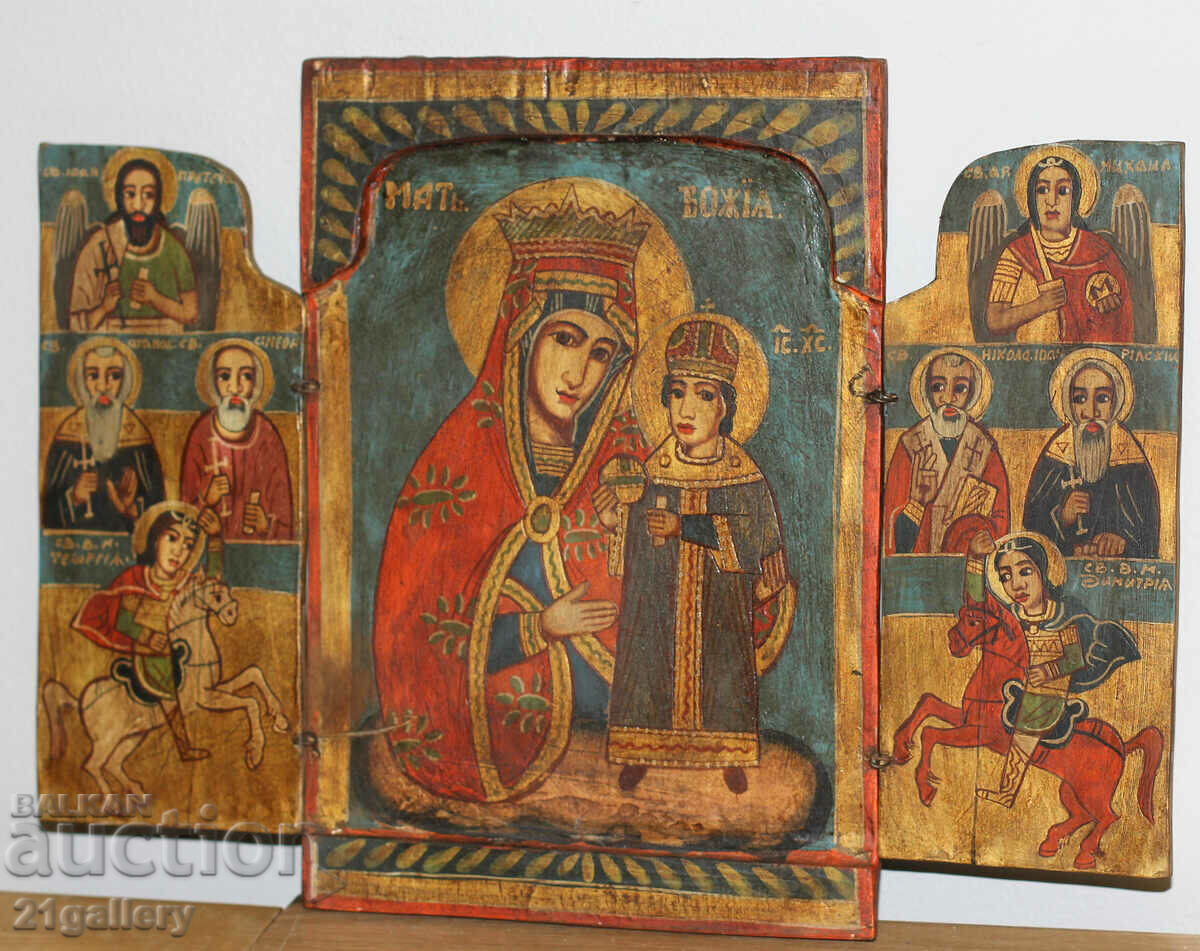 Hand-painted icon triptych Holy Virgin and Child