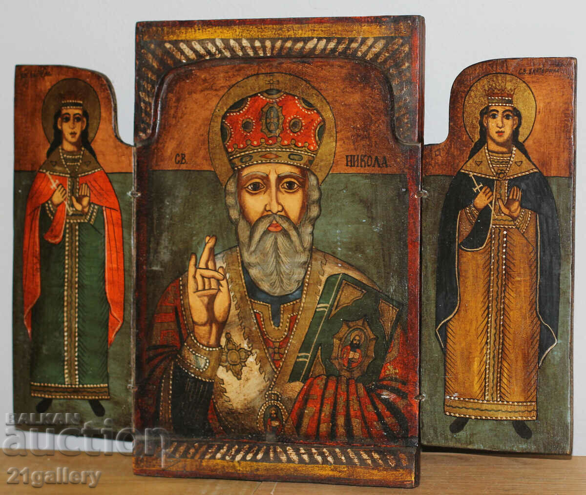 Hand painted icon triptych Saint Nicholas the Wonderworker