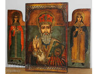 Hand painted icon triptych Saint Nicholas the Wonderworker