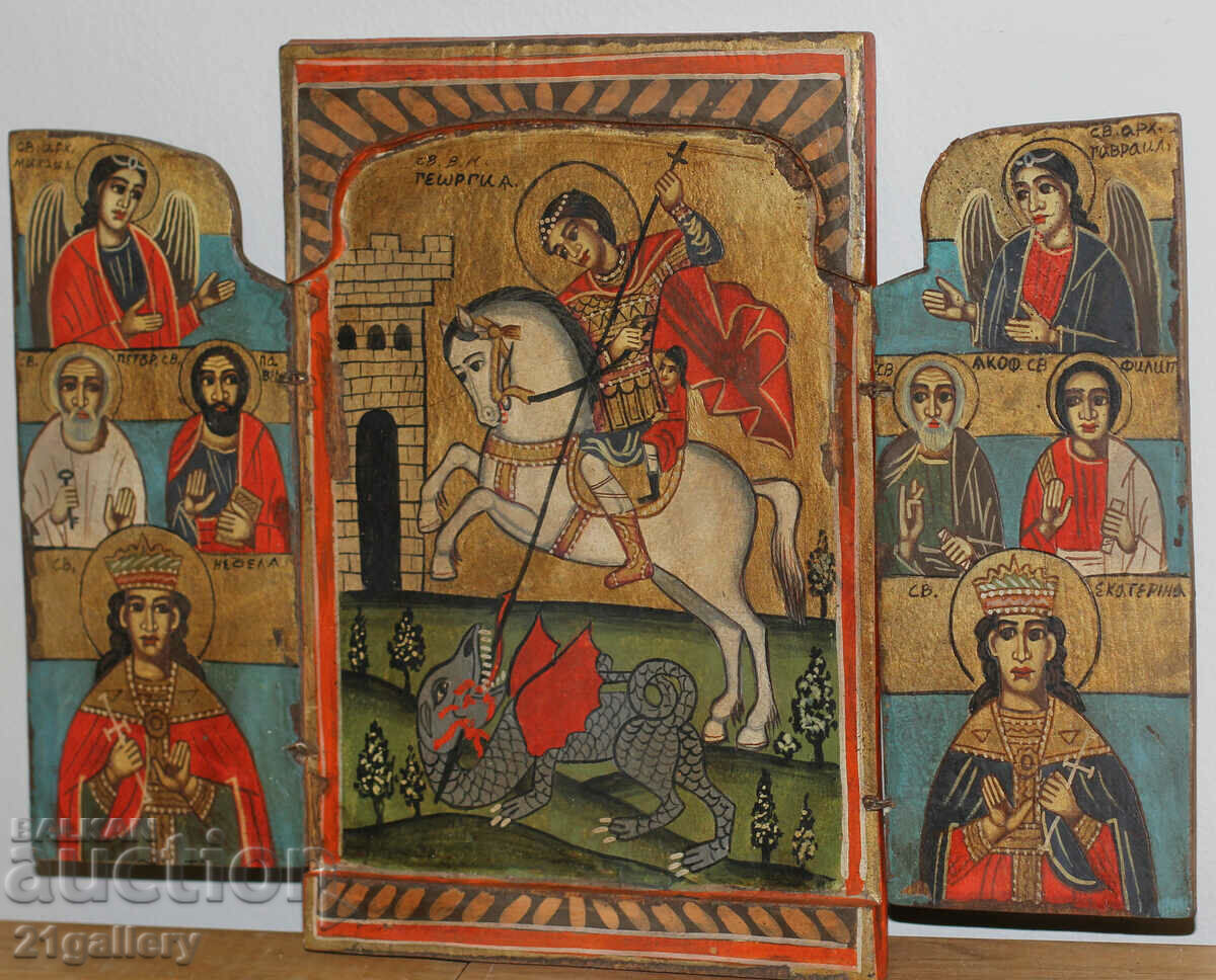 Hand painted icon triptych Saint George the Victorious