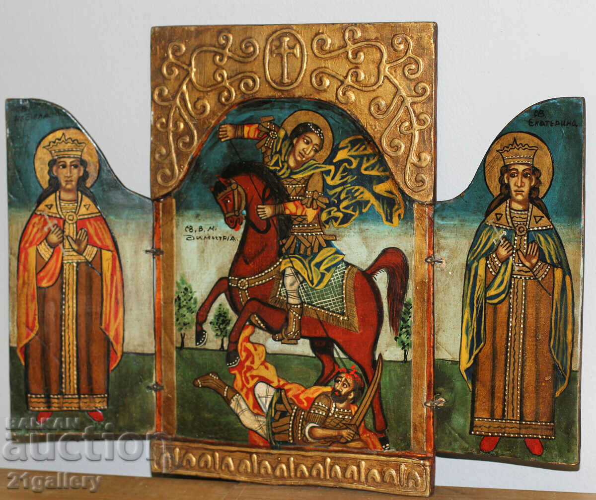 Hand-painted icon triptych Saint Demetrius of Thessaloniki