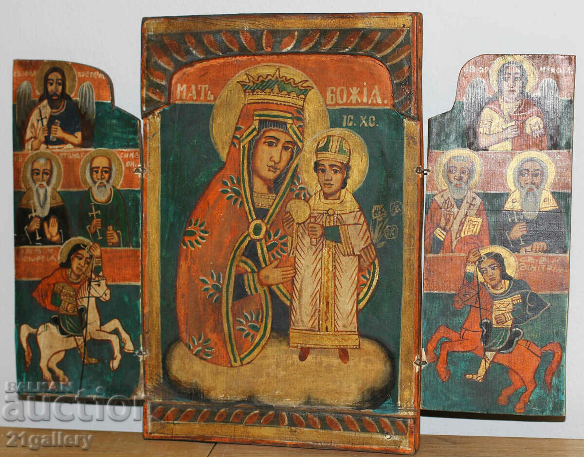 Hand-painted icon triptych Holy Virgin and Child