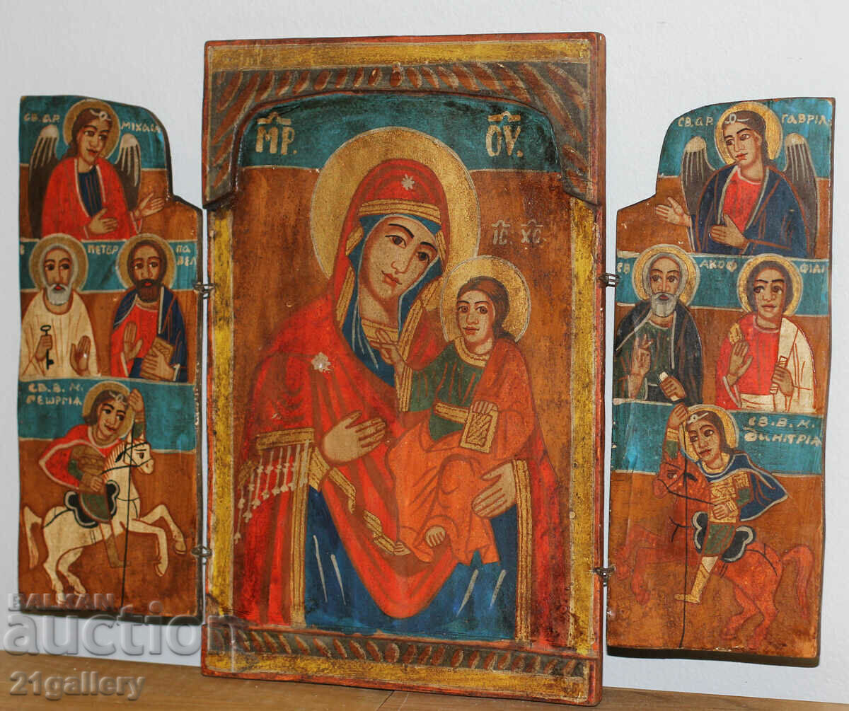 Hand-painted icon triptych Holy Virgin and Child