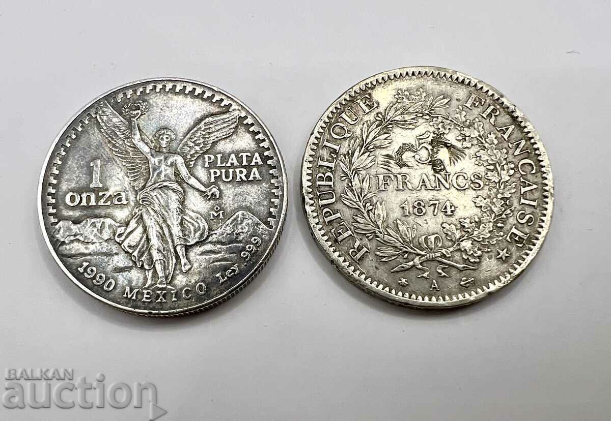 2 silver coins 5 francs 1874 .1oz plata pura peso Mexico