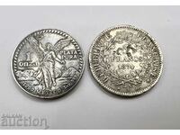 2 silver coins 5 francs 1874 .1oz plata pura peso Mexico