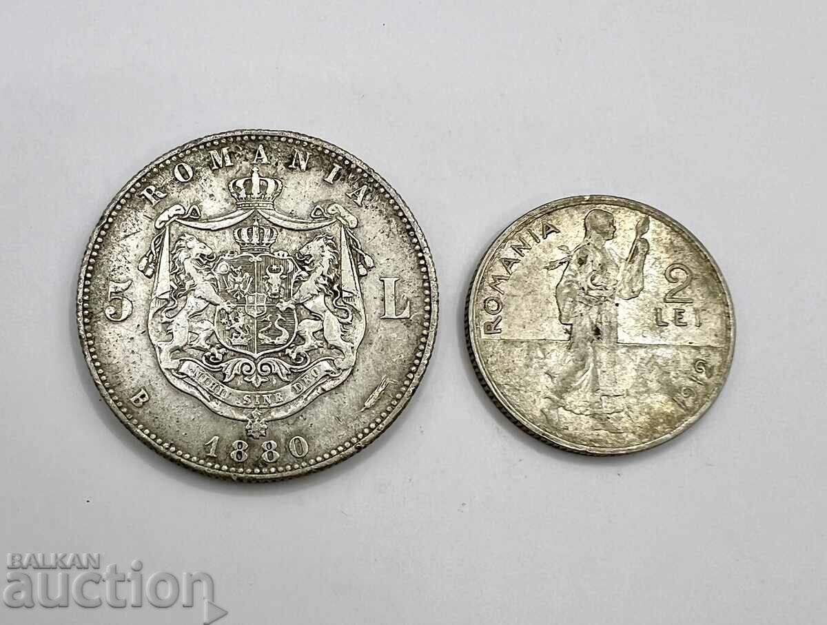 Lot of 2 rare silver coins Romania 5 lei 1880 and 2 lei 1912