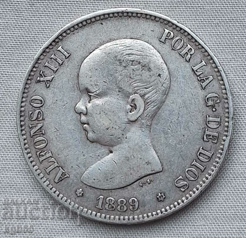 5 pesetas 1889 Spain.