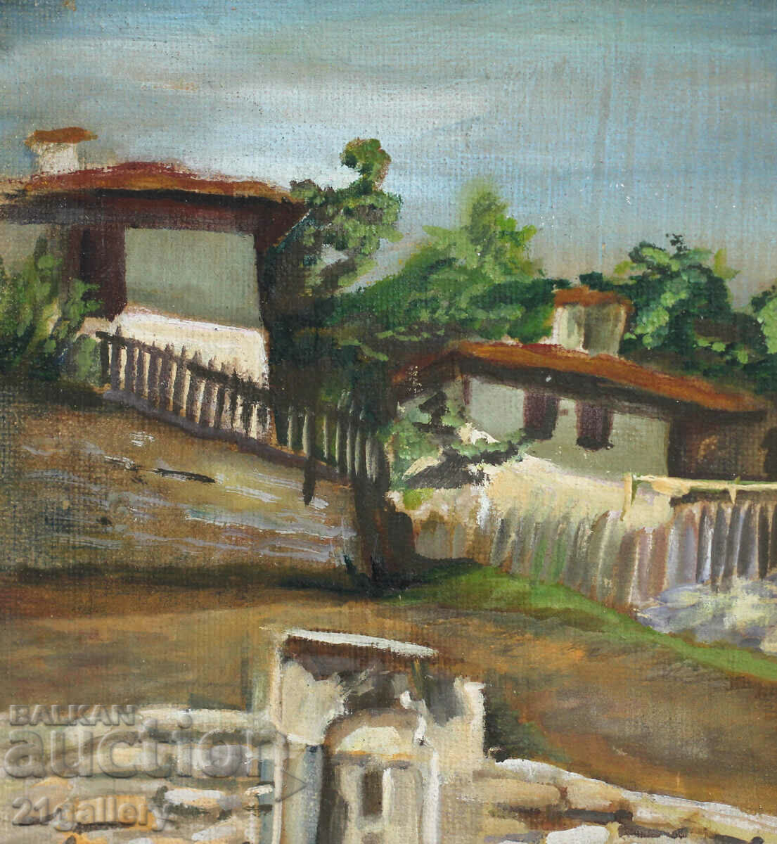 Auction Landscape with village fountain oil paints Auction Landscape with village fountain oil paints