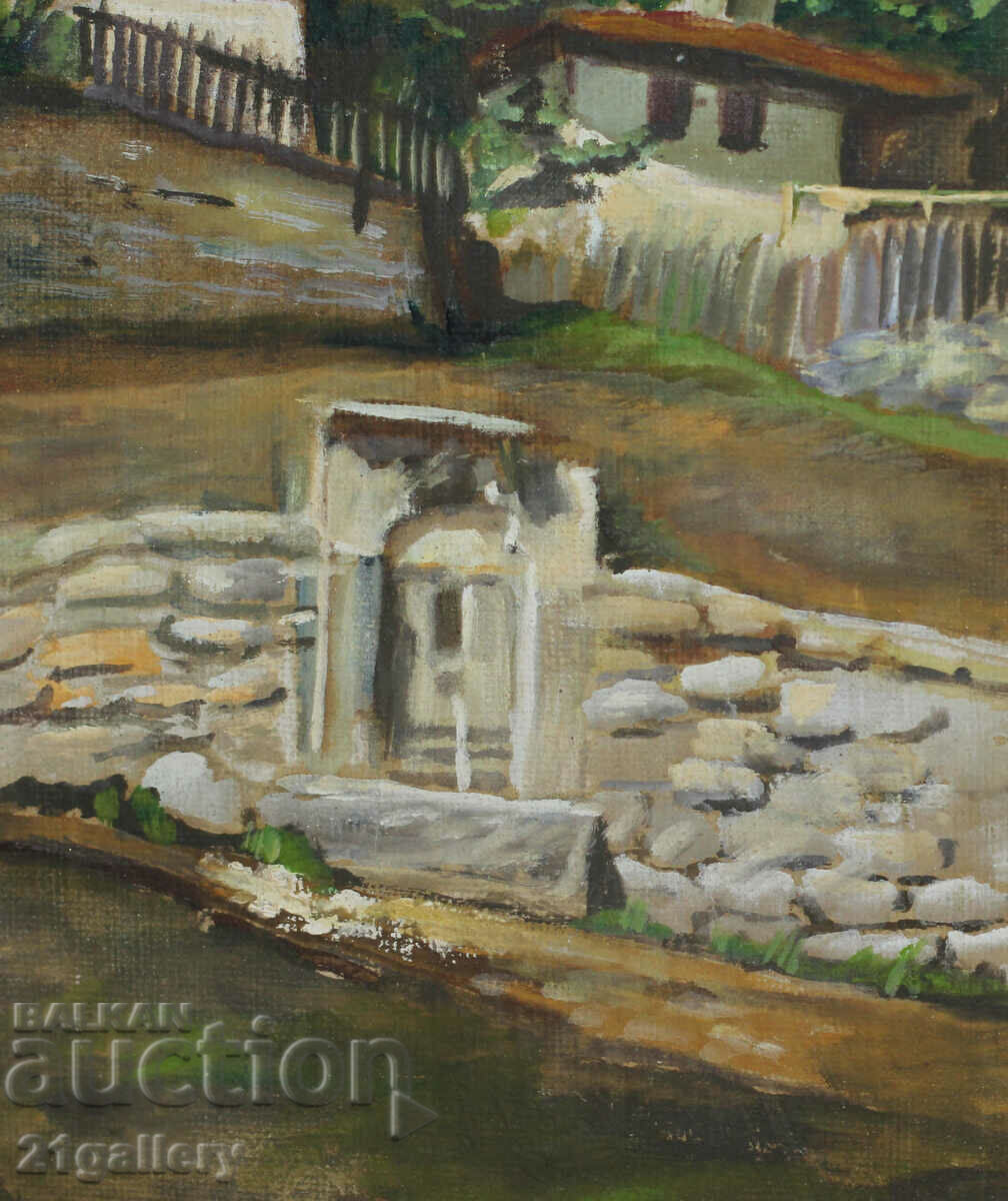 Landscape with village fountain oil paints - 5 Landscape with village fountain oil paints - 5