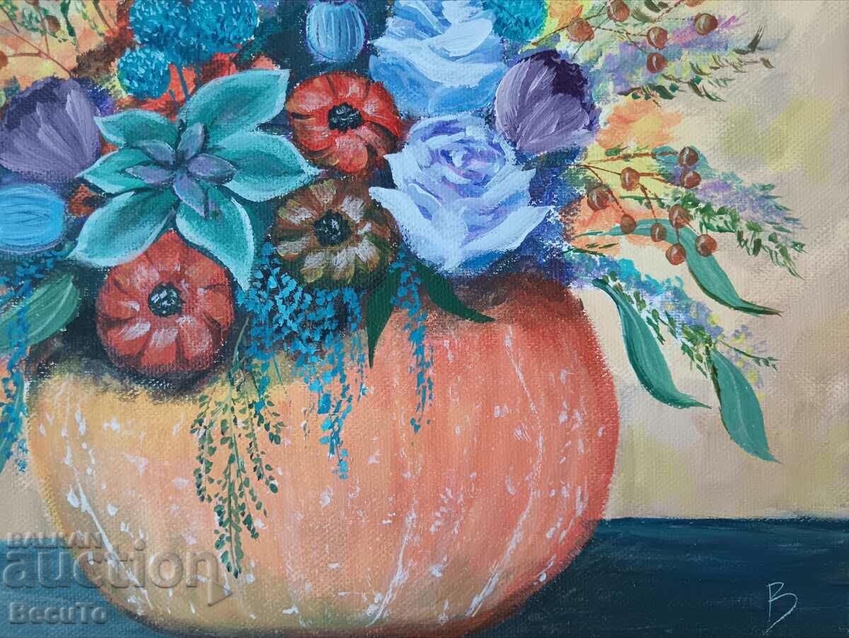 Νέος! Ζωγραφική νεκρής φύσης με κολοκύθα και λουλούδια με τιμή 55.00 BGN | € 28.12 Νέος! Ζωγραφική νεκρής φύσης με κολοκύθα και λουλούδια με τιμή 55.00 BGN | € 28.12