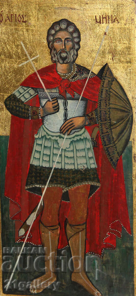 Hand drawn icon of Saint Mina with spear with price 300.00 BGN | € 153.39 Hand drawn icon of Saint Mina with spear with price 300.00 BGN | € 153.39
