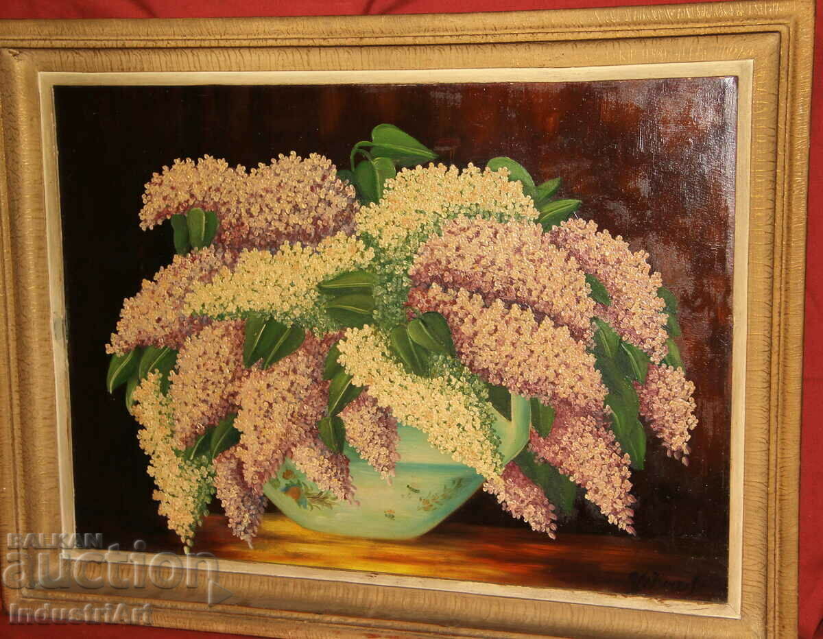 Still life oil painting with lilacs - signed with price 650.00 BGN | € 332.34 Still life oil painting with lilacs - signed with price 650.00 BGN | € 332.34