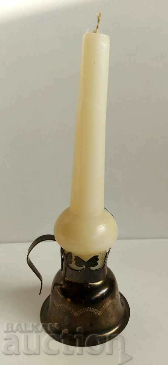 Auction . OLD SOC METAL CANDLESTICK WITH CANDLE Auction . OLD SOC METAL CANDLESTICK WITH CANDLE