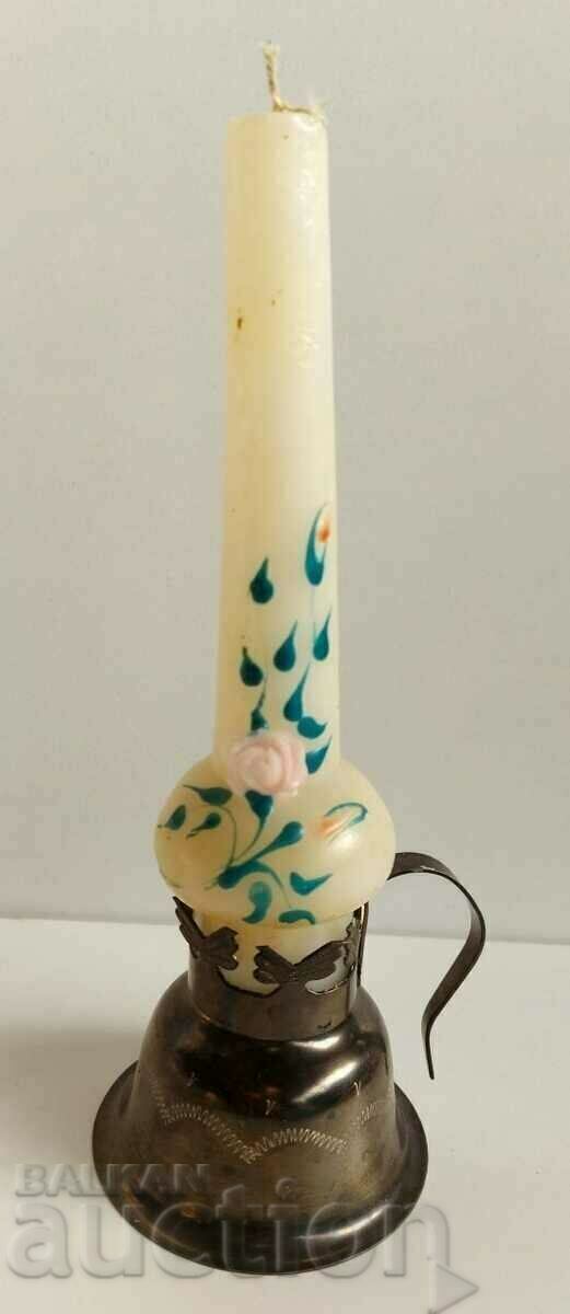 . OLD SOC METAL CANDLESTICK WITH CANDLE . OLD SOC METAL CANDLESTICK WITH CANDLE