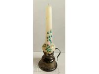 . OLD SOC METAL CANDLESTICK WITH CANDLE