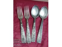 Silver-plated tumblers and forks with markings