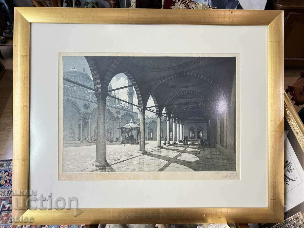 1936 Painting Petar Morozov Aquatint Selim Mosque Edirne