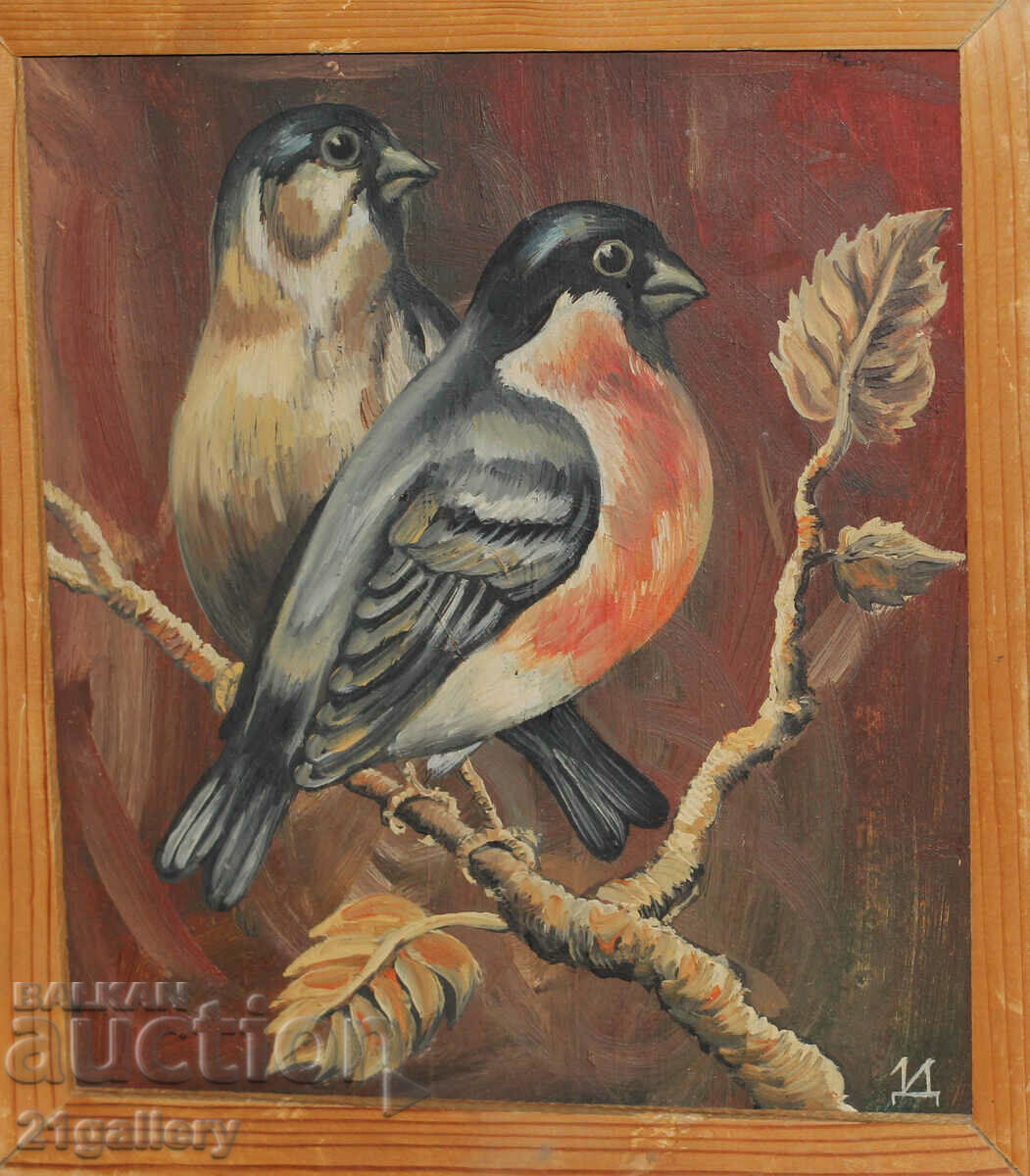 Ivo Dolapchiev Oil painting, birds on a branch, signed with price 200.00 BGN | € 102.26 Ivo Dolapchiev Oil painting, birds on a branch, signed with price 200.00 BGN | € 102.26