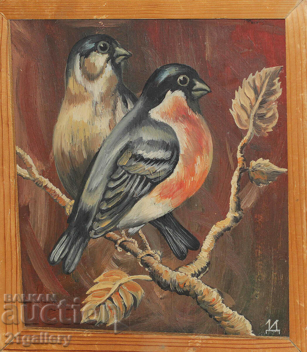 Oil painting, birds on a branch, signed