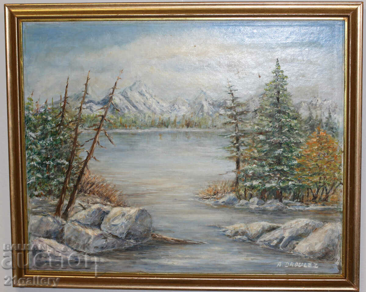 Auction River winter landscape oil on canvas, France, signed Auction River winter landscape oil on canvas, France, signed