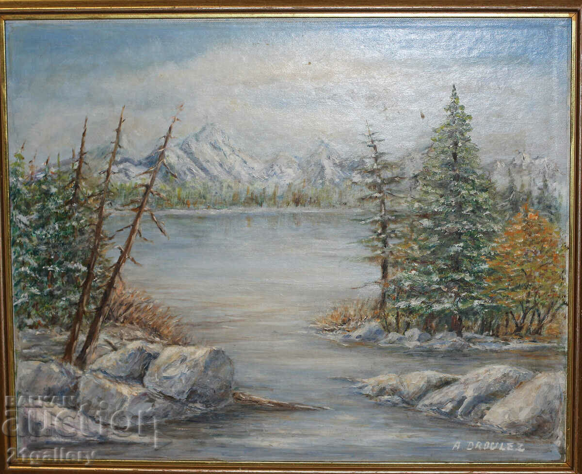 River winter landscape oil on canvas, France, signed River winter landscape oil on canvas, France, signed