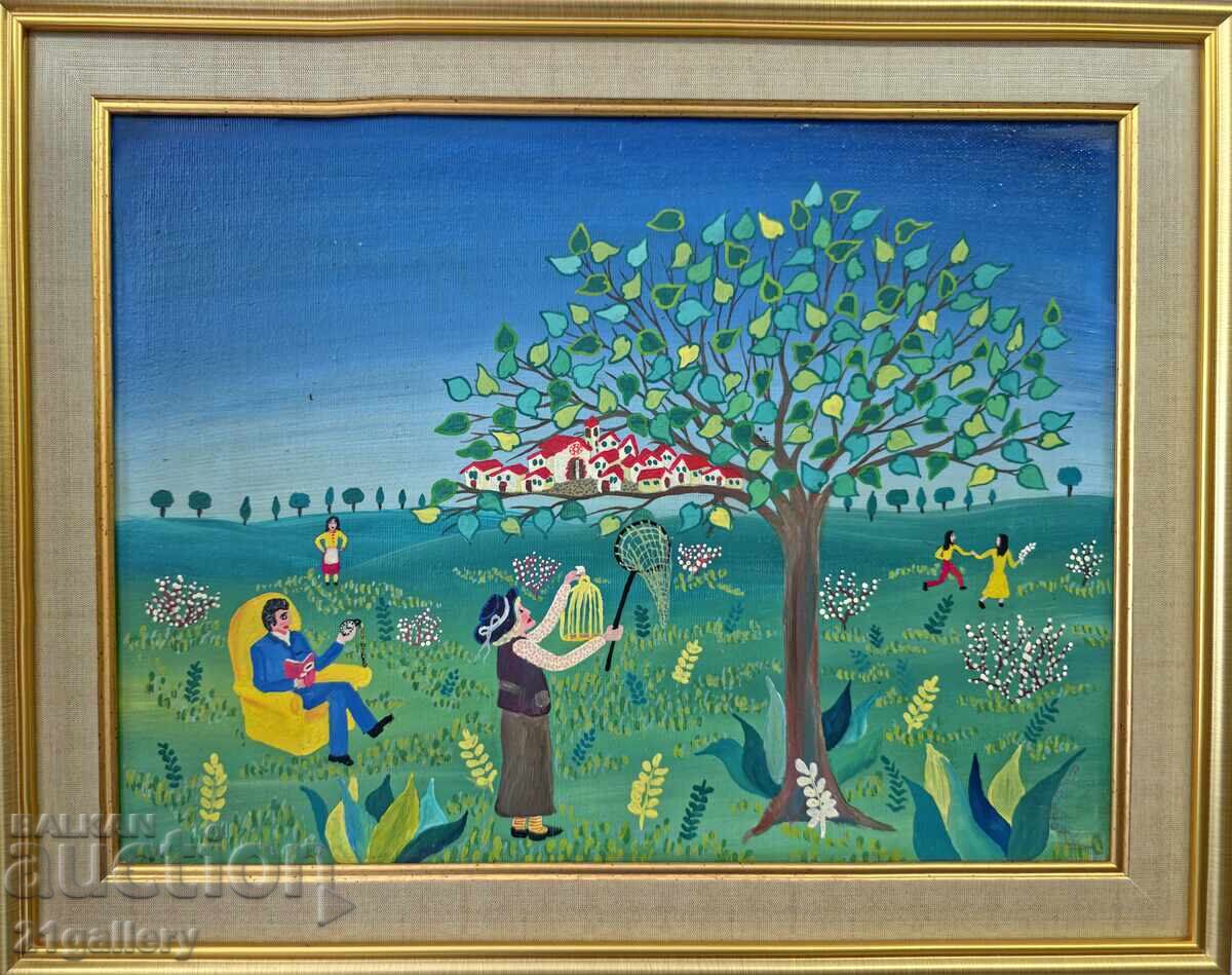 Contemporary oil painting landscape naïveté signed Contemporary oil painting landscape naïveté signed