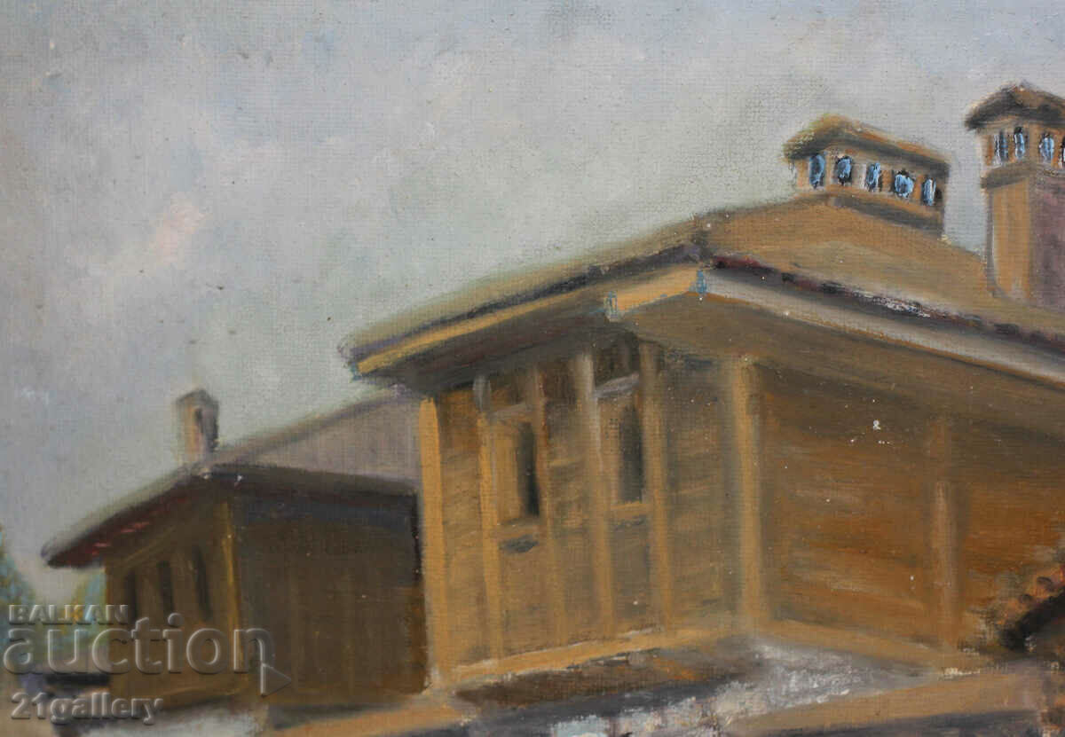 Аукцион Пейзаж възрожденски къщи, маслени бои, подписана Аукцион Пейзаж възрожденски къщи, маслени бои, подписана