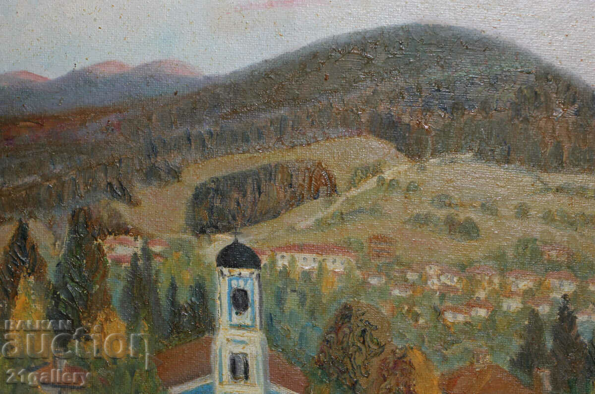 Landscape with church, oil on canvas, signed - 5 Landscape with church, oil on canvas, signed - 5