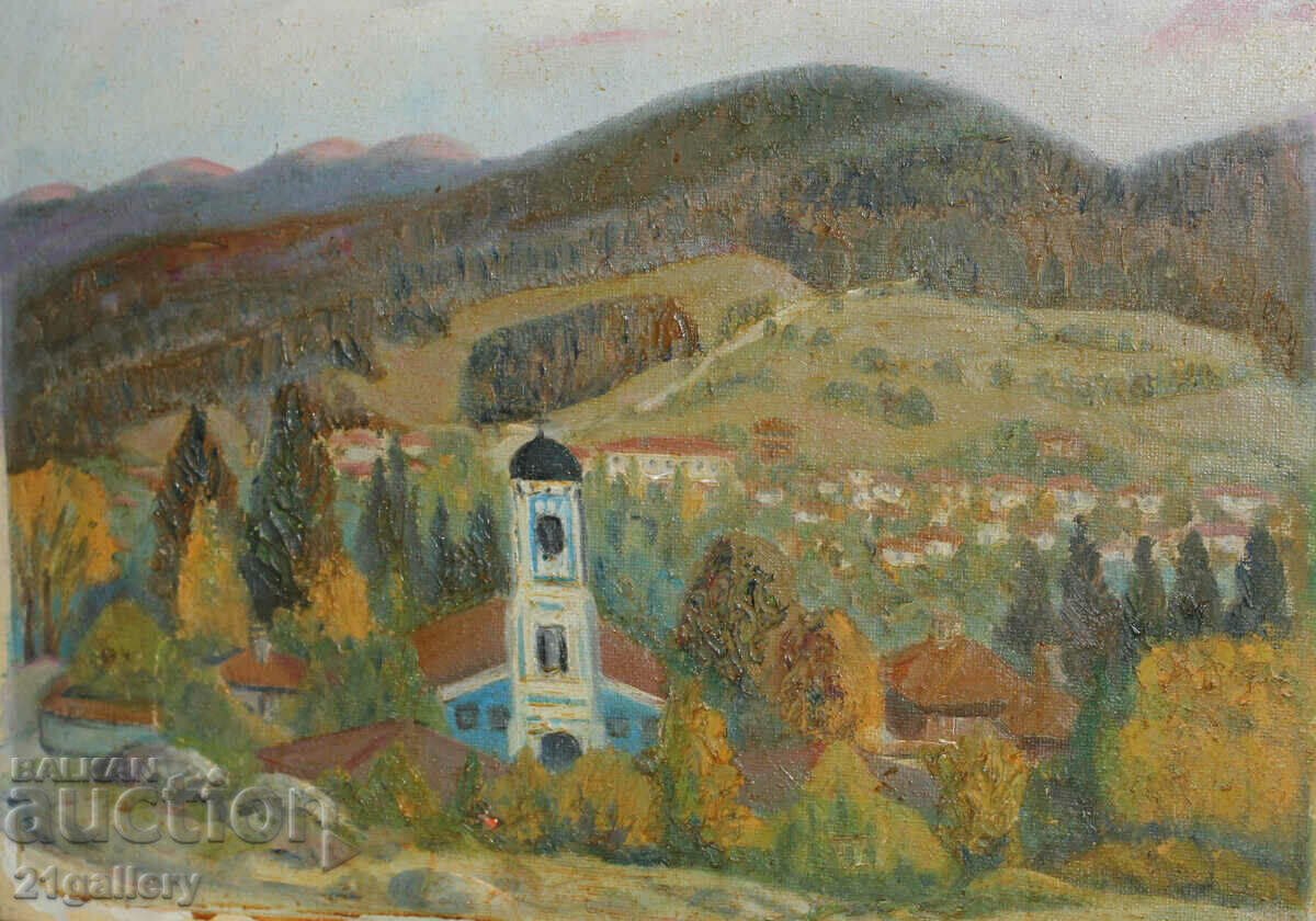 Landscape with church, oil on canvas, signed