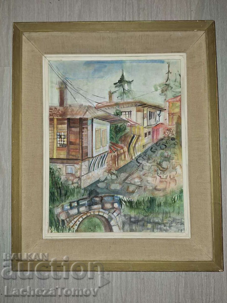 Beautiful painting Koprivshtitsa Ya. Krastev watercolor signature frame