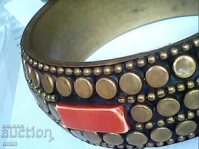 Auction beautiful old bronze bracelets with coral and engraved signature Auction beautiful old bronze bracelets with coral and engraved signature