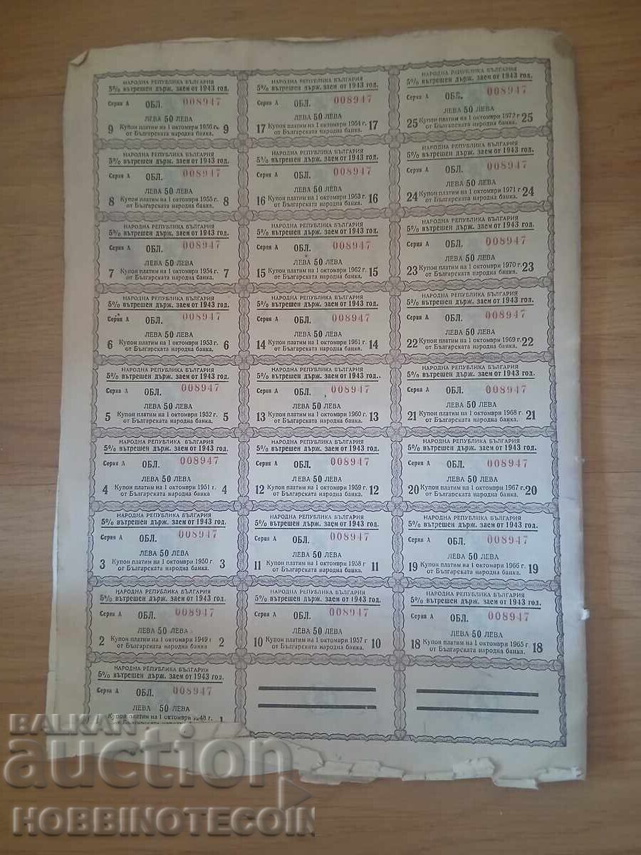 БЪЛГАРИЯ ОБЛИГАЦИЯ 1000 лв 1943 г Вътрешен държавен заем с цена 3.89 лв. | € 1.99 БЪЛГАРИЯ ОБЛИГАЦИЯ 1000 лв 1943 г Вътрешен държавен заем с цена 3.89 лв. | € 1.99