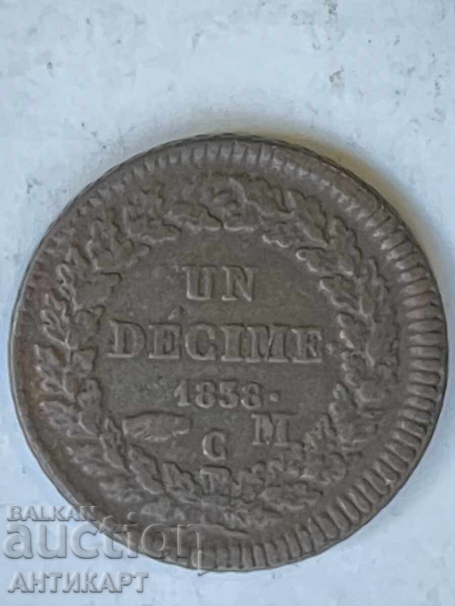 Moneda de bronz Monaco Honore V rară un decime 1838