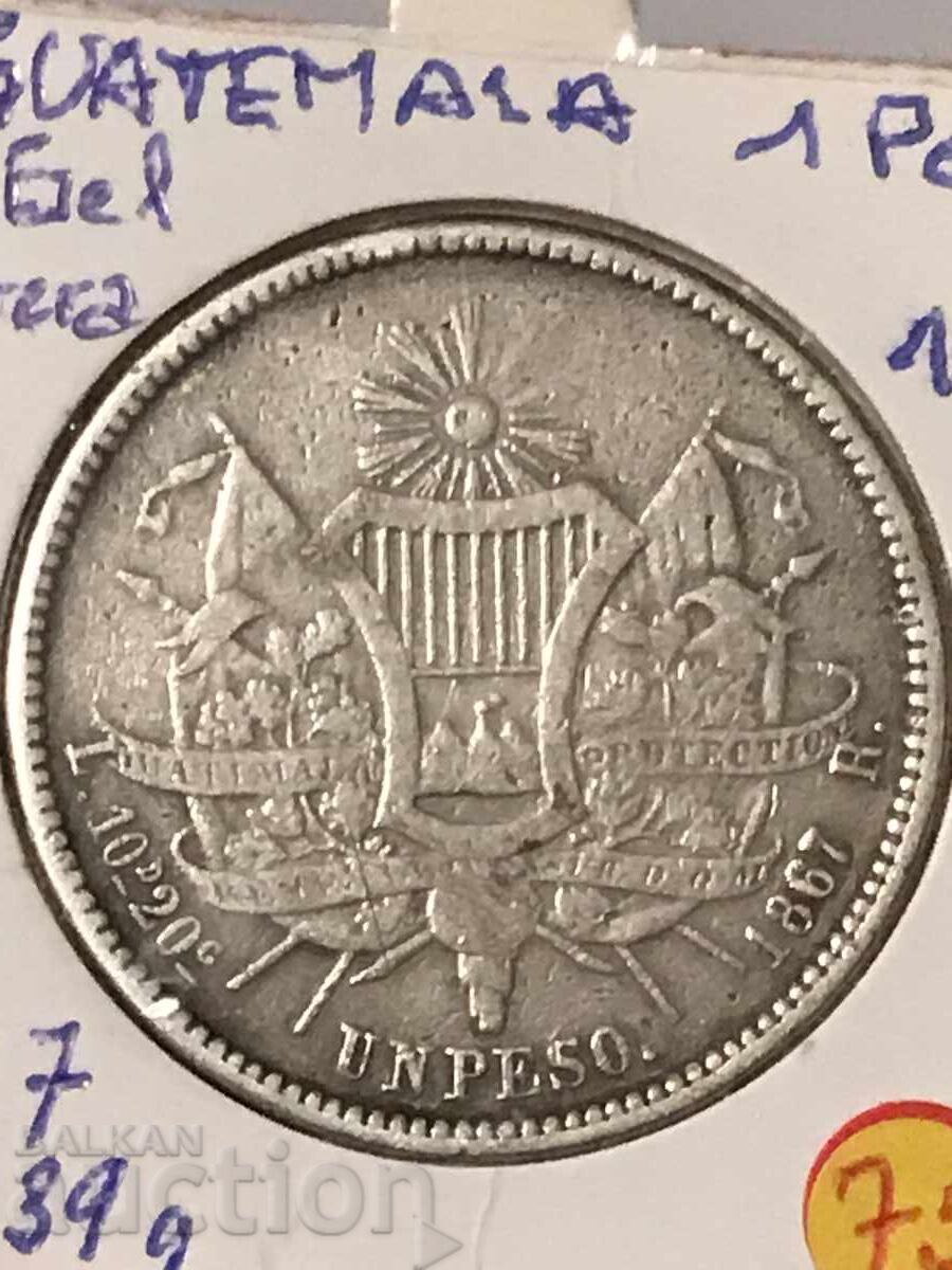 Guatemala 1 Peso 1867 Rafael Carrera rare silver coin