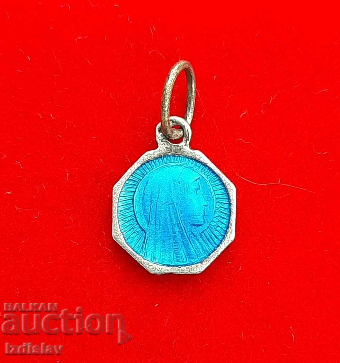 Old double-sided Catholic medallion miniature, blue enamel