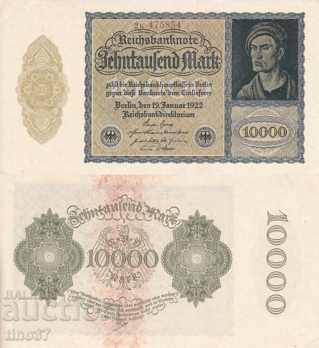 tino37- ΓΕΡΜΑΝΙΑ - 10000 MARKS - 1922- XF+/AU