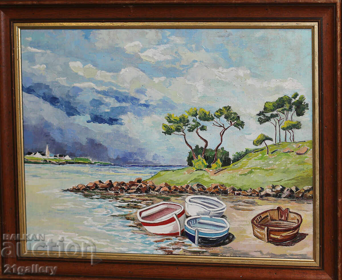 Oil painting seascape with boats Oil painting seascape with boats