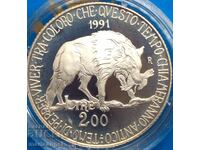 200 лири 1990 Италия UNC PROOF "Флора и Фауна" Ag - рядка