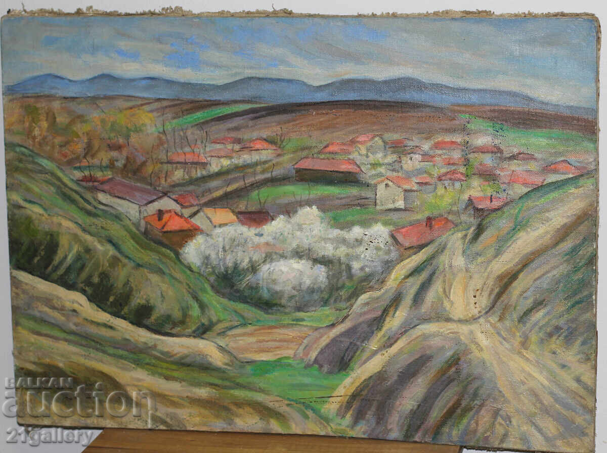 Δημοπρασία Αγροτικό τοπίο με σπίτια, παλιά ελαιογραφία Δημοπρασία Αγροτικό τοπίο με σπίτια, παλιά ελαιογραφία